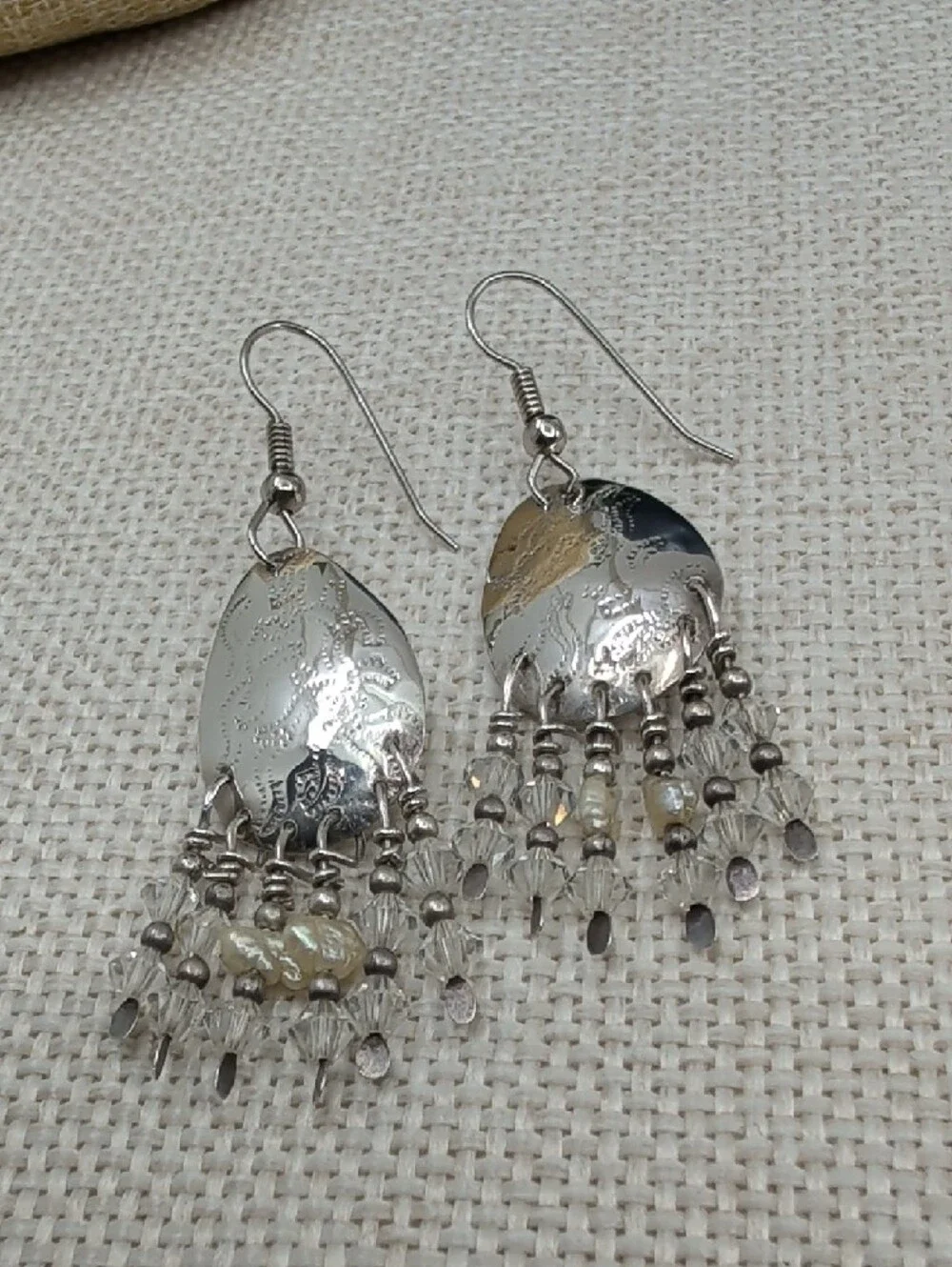 Vintage Artisan Hammered Silver Chandelier Earrings Crystal Bead Fringe 2.5